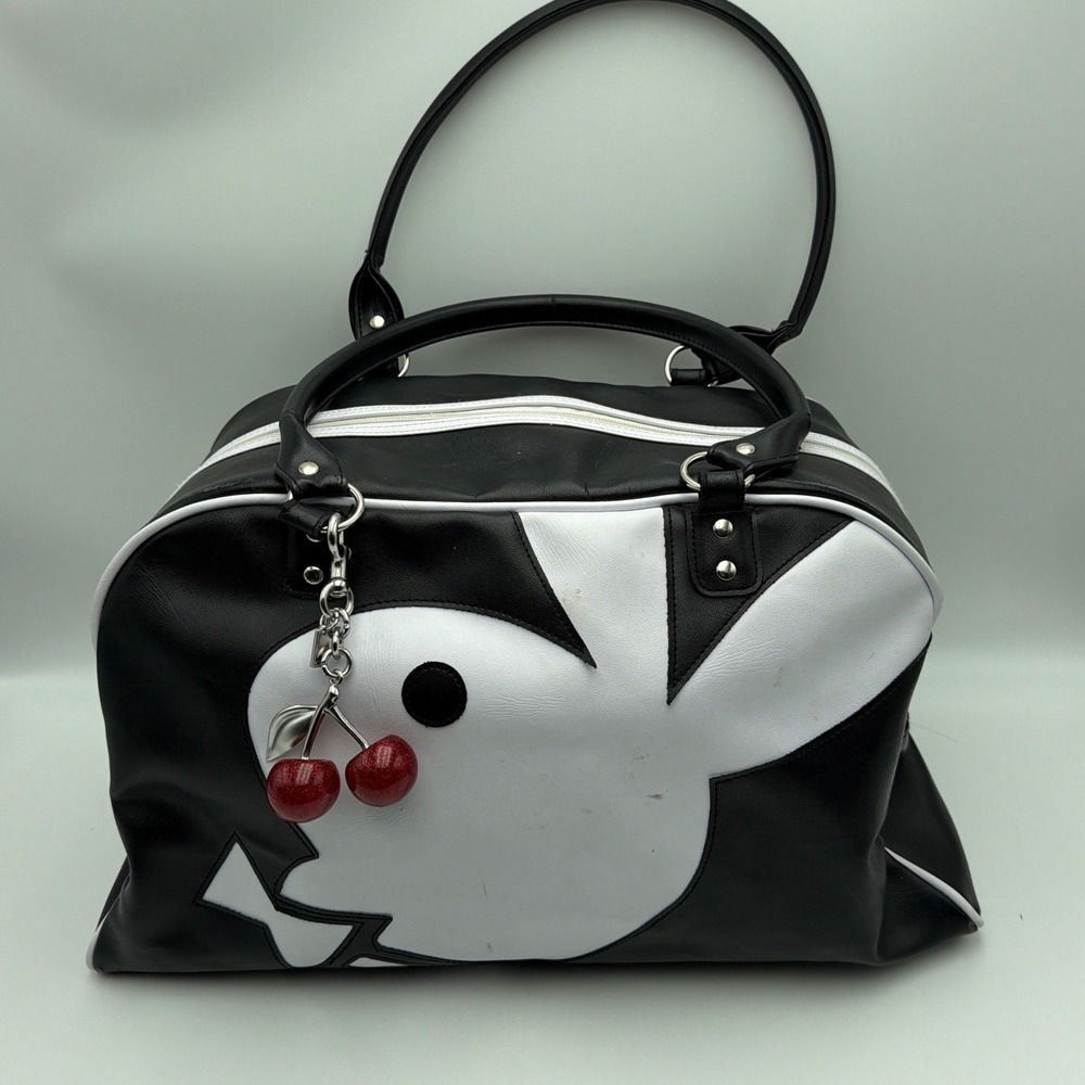 Original Y2K Playboy Duffle Travel Bag Large Black White Bunny Cherry Charm